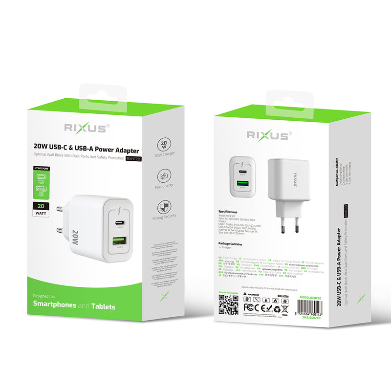 Rixus RXHC20 20W USB-C, USB-A Power Adapter White