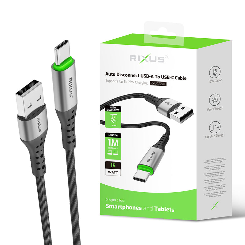 Rixus RXUC22AC Auto Disconnect USB-A To USB-C Cable Black