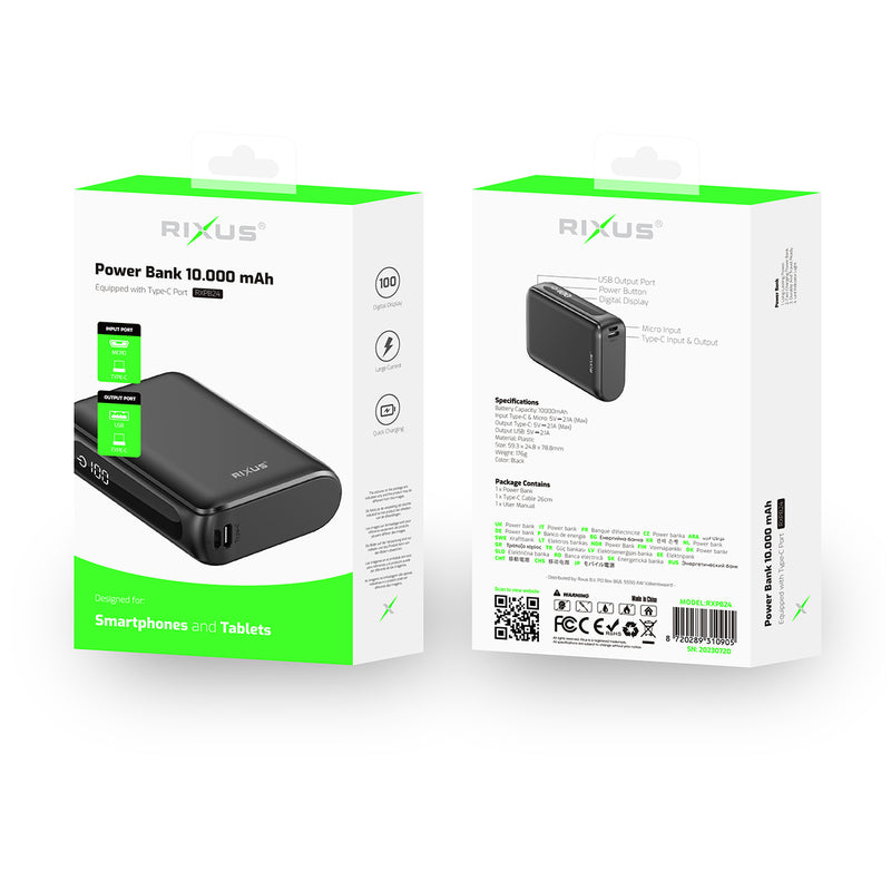 Rixus RXPB24 Compact Powerbank Digital Display 10000mAh Black