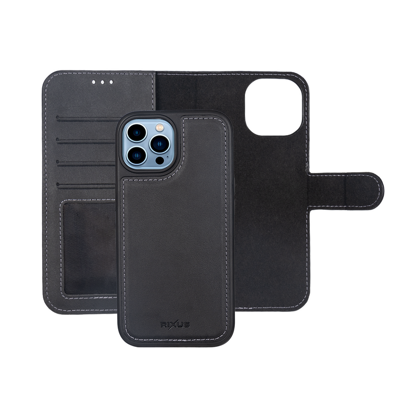 Rixus For iPhone 13 Pro Duo Magnetic Detachable Wallet Black