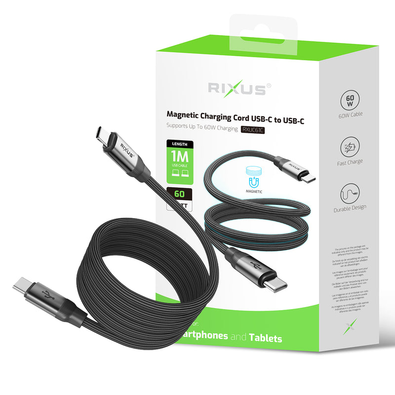 Rixus RXUC61C Magnetic Charging Cord USB-C To USB-C 100CM 60W Black