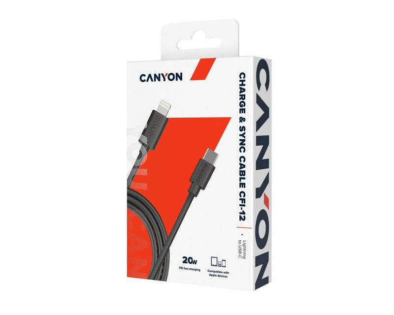 Canyon USB-C a Lightning CFI-12 5V 3A, 9V 2.22A ,PD 20W, OD 4.5MM, 2 Mtr, PVC Negro