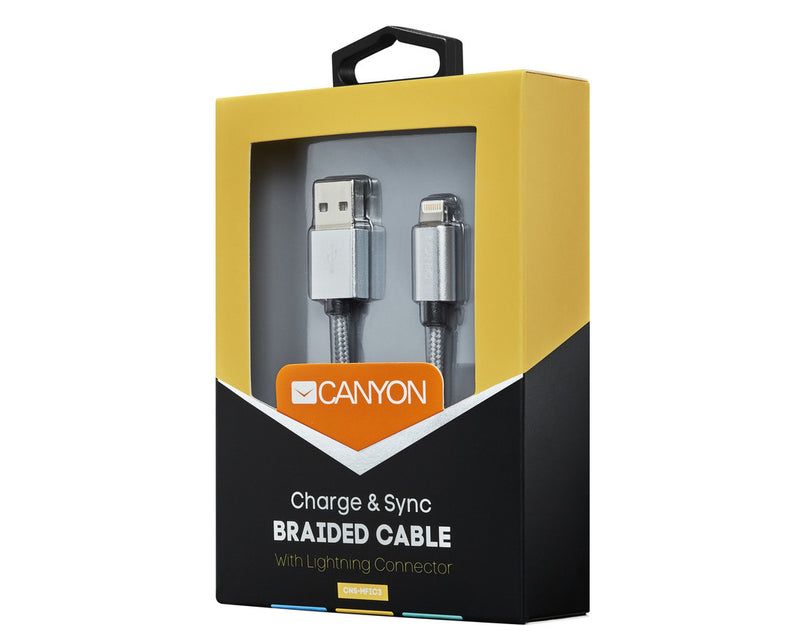 Canyon MFI-3 Lightning a USB trenzado 12W 1Mtr Gris oscuro