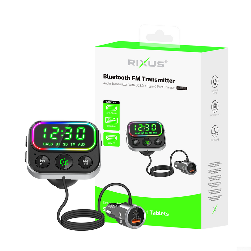 Rixus RXBT55 Transmetteur FM Bluetooth 2 en 1 et adaptateur pour voiture Noir