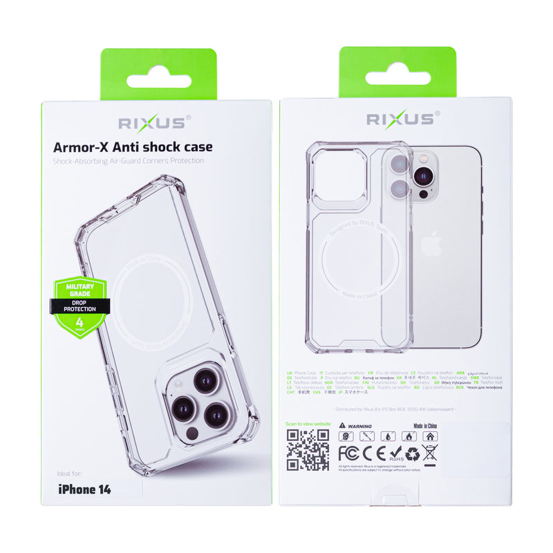 Rixus For iPhone 14 Armor-X Anti Shock Case With MagSafe Transparent