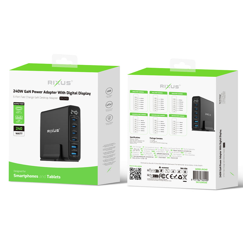 Rixus RX240 240W GaN Power Adapter With Digital Display Black