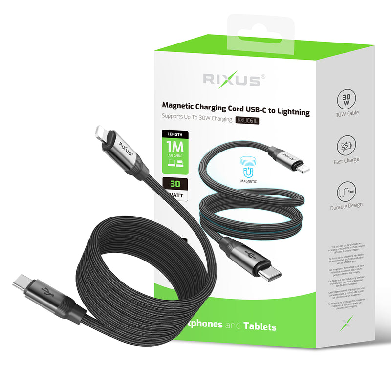 Rixus RXUC61L Magnetic Charging Cord USB-C To Lightning 100CM 30W Black