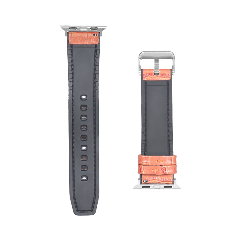 For Apple Watch 38mm, 40mm, 41mm Silicone and Leather Band Alligator Grain Light Brown Retail Box