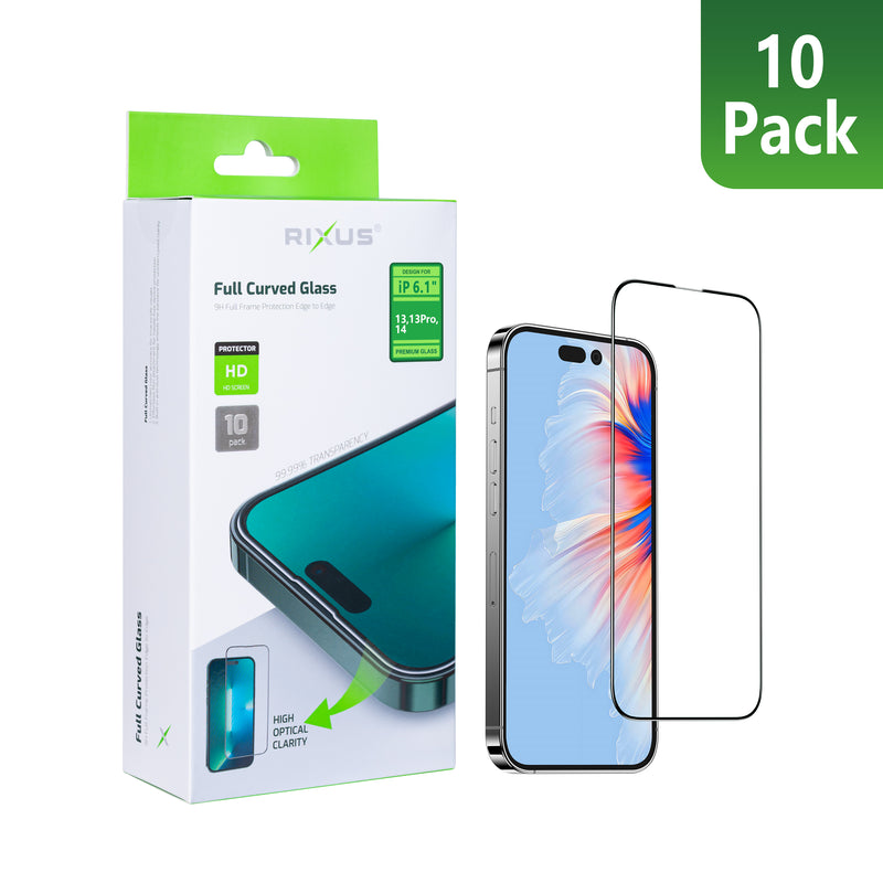 Rixus For iPhone 14, 13, 13 Pro Tempered Glass Curved Edge (10-Pack)