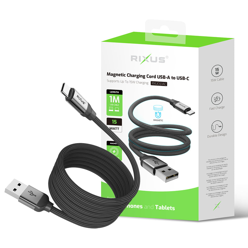 Rixus RXUC61AC Magnetic Charging Cord USB-A To USB-C 100CM 15W Black