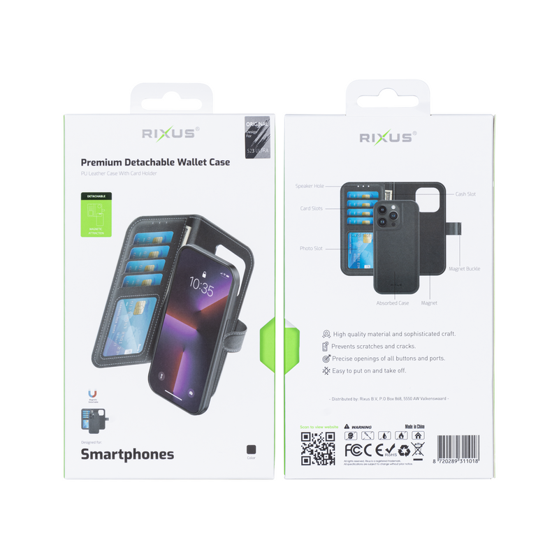 Rixus For Samsung Galaxy S23 Ultra Duo Magnetic Detachable Wallet Black