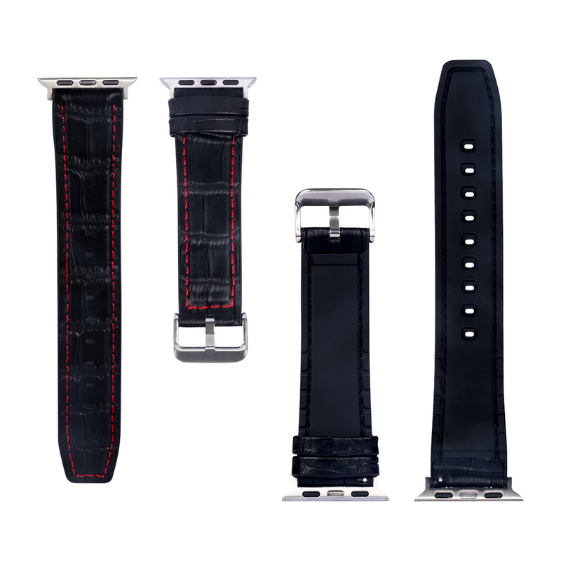 Pour Apple Watch 38mm, 40mm, 41mm Bracelet en silicone et cuir Alligator Black/Red Retail Box