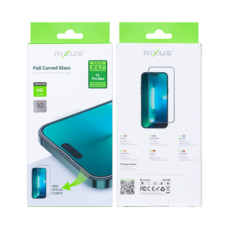 Rixus pour iPhone 15 Pro Max Bord incurvé en verre trempé (paquet de 10)