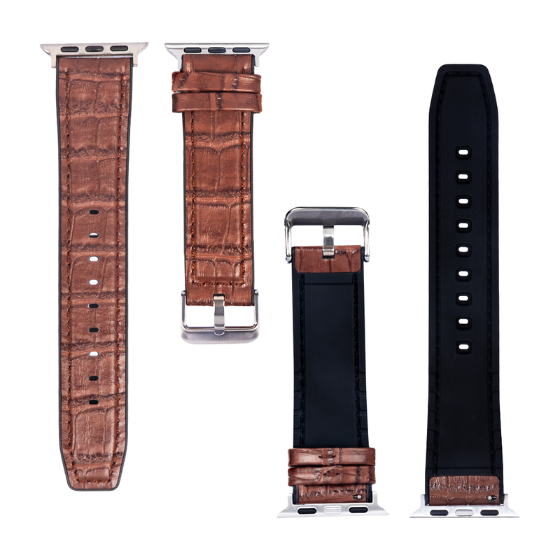 For Apple Watch 42mm, 44mm, 45mm, 49mm Silicone & Leather Band Alligator Grain Dark Brown Retail Box