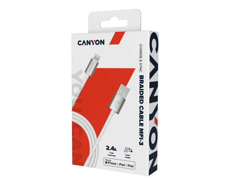 Canyon MFI-3 Cable Lightning a USB trenzado 12W 1Mtr Blanco Perla