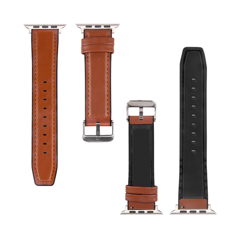 Pour Apple Watch 42mm, 44mm, 45mm, 49mm Bracelet en silicone et cuir Marron clair brillant Boîte de vente au détail