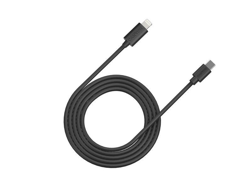 Canyon USB-C a Lightning CFI-12 5V 3A, 9V 2.22A ,PD 20W, OD 4.5MM, 2 Mtr, PVC Negro