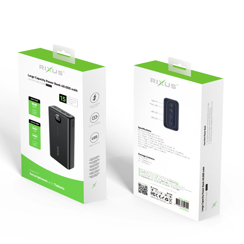 Rixus RXPB40 Banque d'alimentation haute capacité 40.000mAh Noir