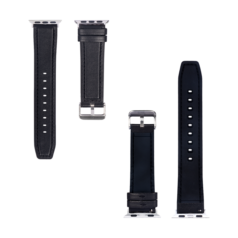 For Apple Watch 38mm, 40mm, 41mm Silicone and Leather Band Glossy Black Retail Box