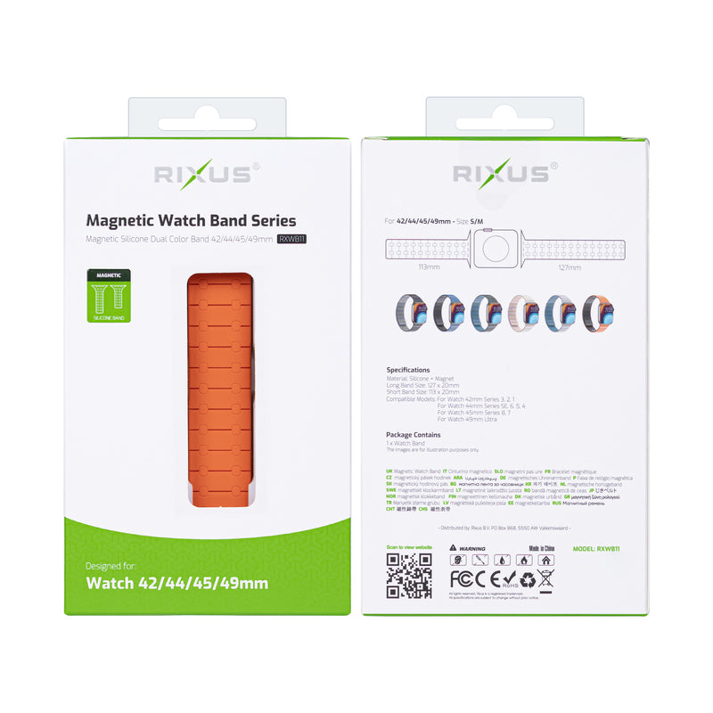 Rixus Para Apple Reloj Correa de silicona de 42 mm, 44 mm, 45 mm, 49 mm con naranja magnético + medianoche