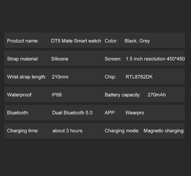 DTNO 1 DT5 Mate Smart Watch Black