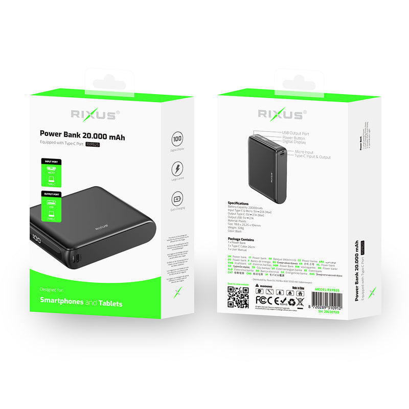 Rixus RXPB25 Compact Powerbank Digital Display 20000mAh Black