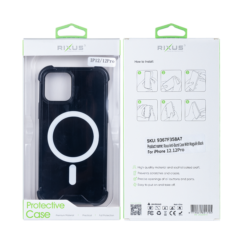 Rixus For iPhone 12, 12 Pro Anti-Burst Case With Magsafe Black