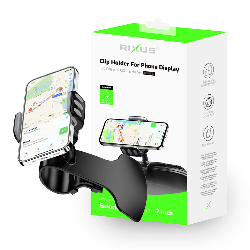 Rixus RXHW61 Clip HUD 360 degrés pour écran de téléphone dans la voiture Noir