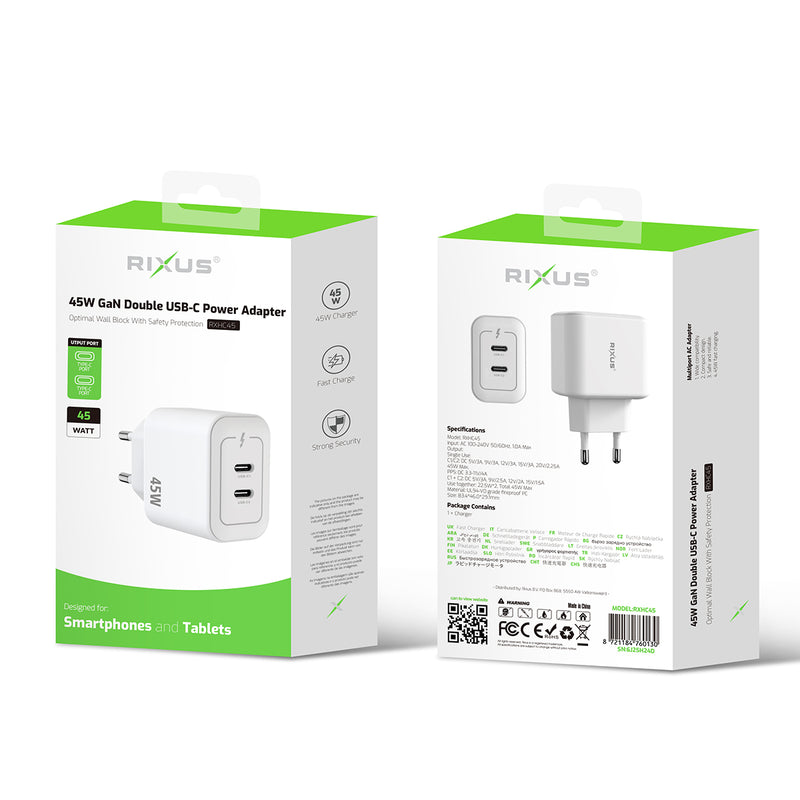 Rixus RXHC45 45W GaN Double USB-C Power Adapter White