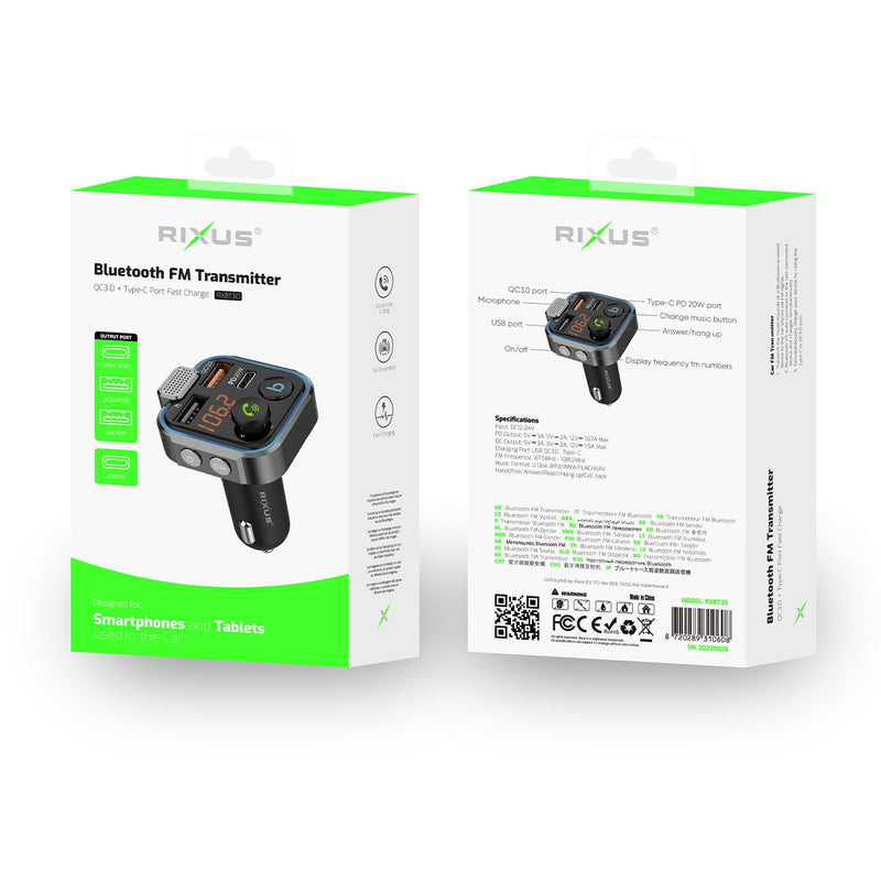 Rixus RXBT30 Transmisor Bluetooth FM para Coche Negro