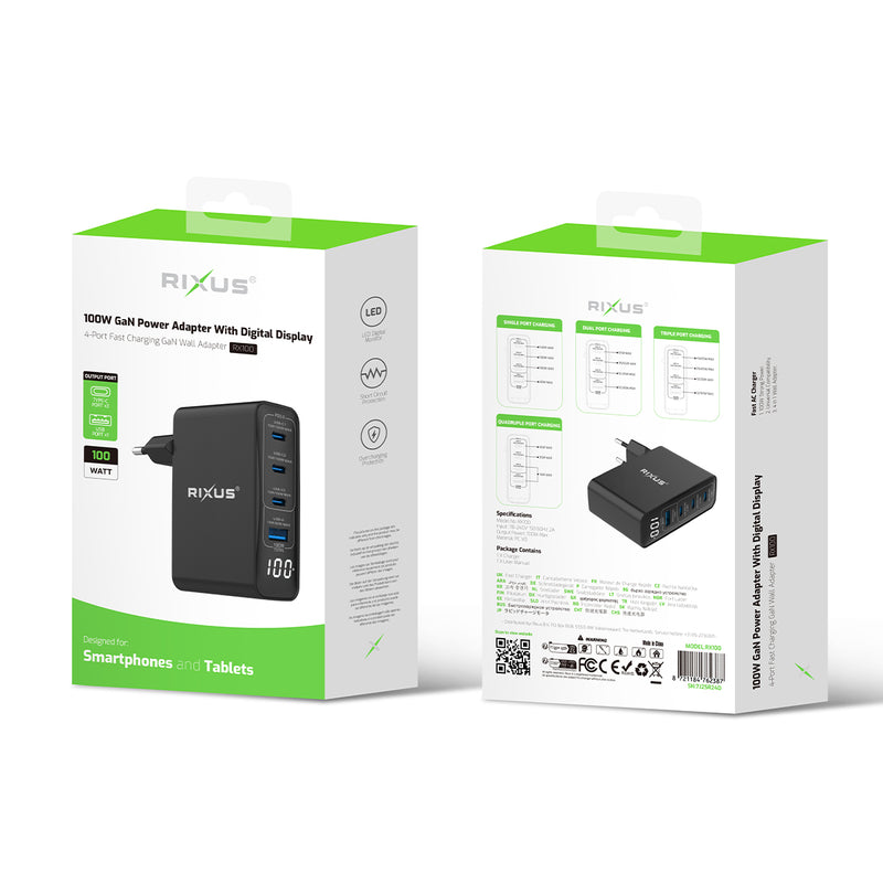 Rixus RX100 100W GaN Power Adapter With Digital Display Black