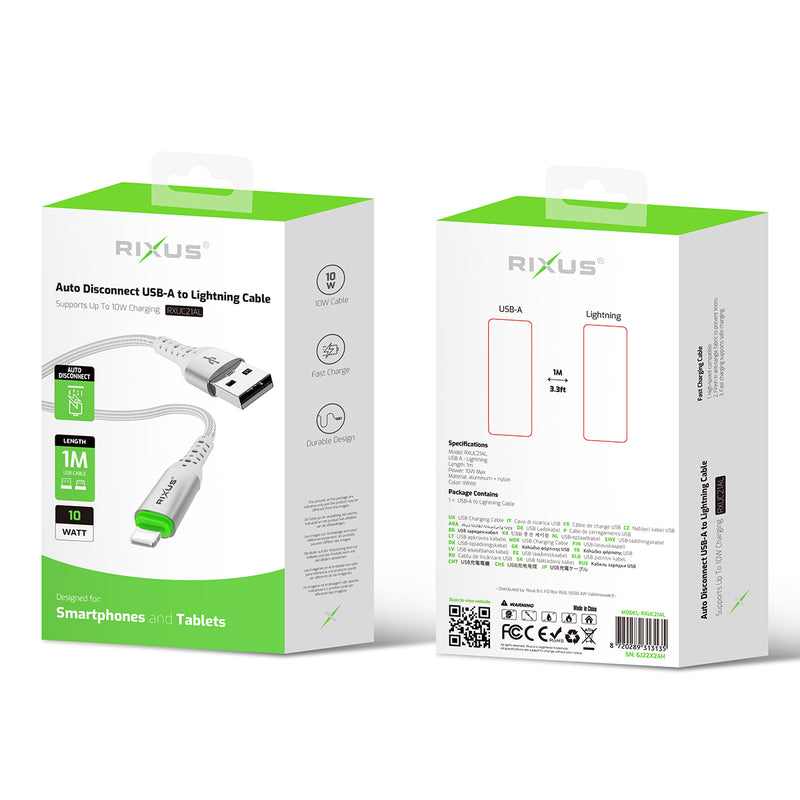 Rixus RXUC21AL Auto Disconnect USB-A To Lightning Cable White