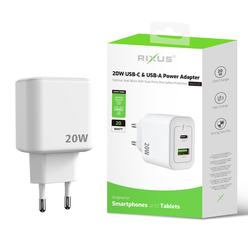 Rixus RXHC20 20W USB-C, USB-A Power Adapter White