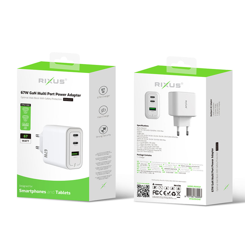 Rixus RXHC67 67W GaN Multi Port Power Adapter White