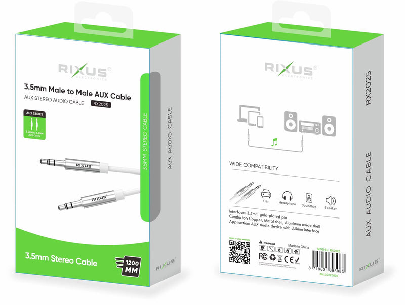 Rixus RX2025 AUX to AUX Audio Cable Male 3.5MM 120CM White