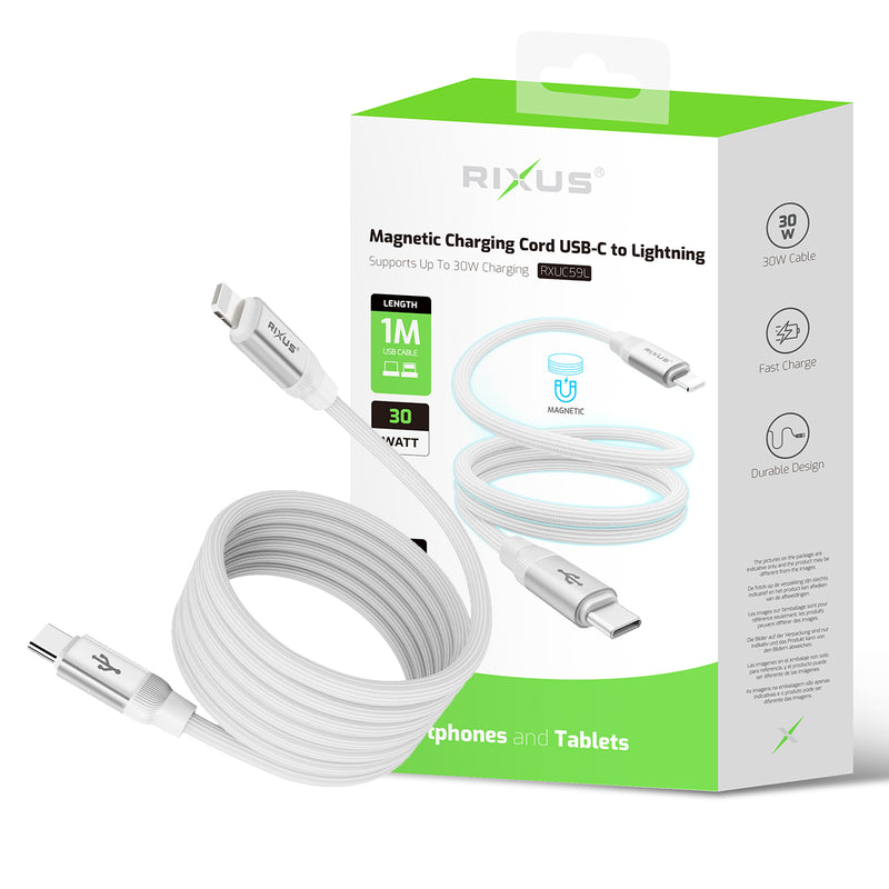 Rixus RXUC59L Magnetic Charging Cord USB-C To Lightning 100CM 30W White