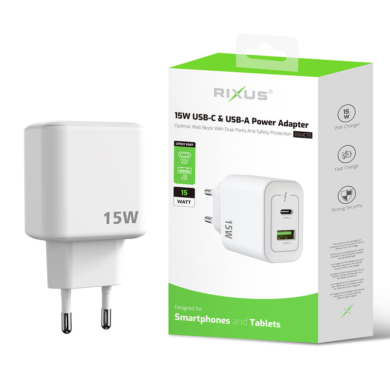 Rixus RXHC15 15W USB-C, USB-A Power Adapter White