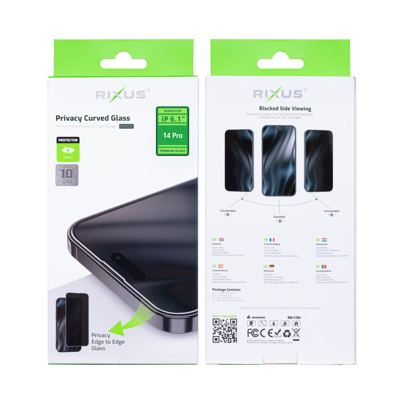 Rixus pour iPhone 14 Pro Verre trempé Curved Edge Privacy (Lot de 10)