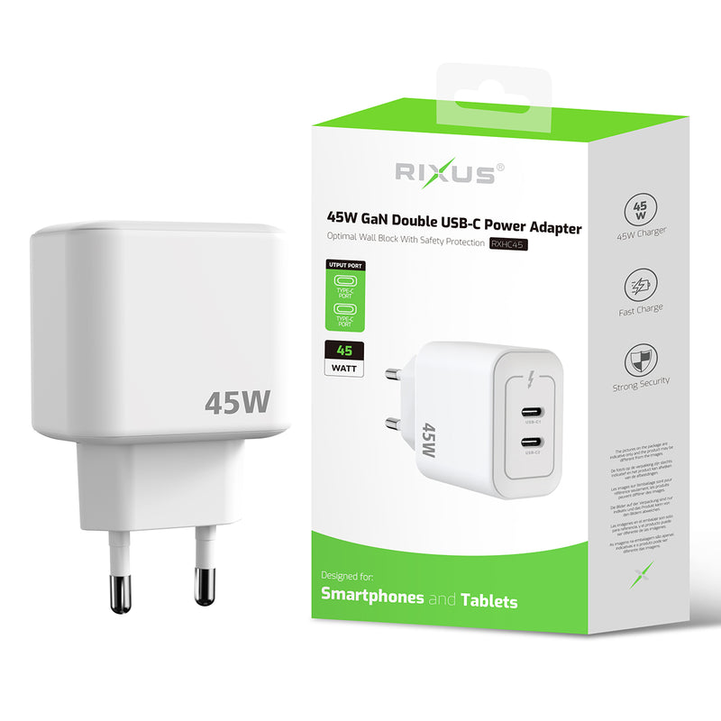 Rixus RXHC45 45W GaN Double USB-C Power Adapter White