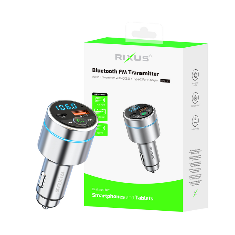 Rixus RXBT40 Transmisor FM para coche totalmente metálico Bluetooth 5.3 Plata