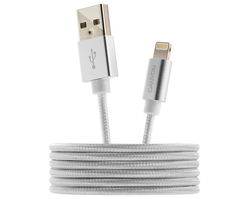 Canyon MFI-3 Cable Lightning a USB trenzado 12W 1Mtr Blanco Perla