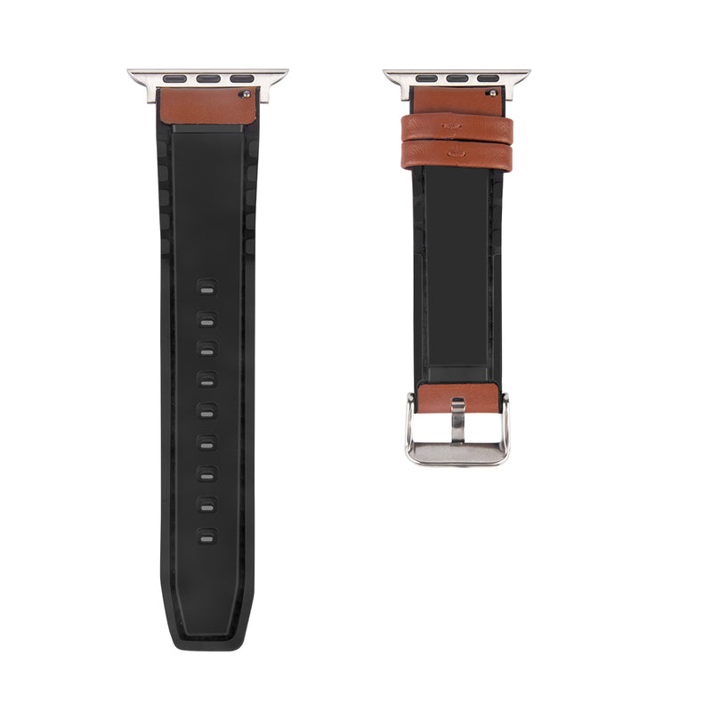 For Apple Watch 42mm, 44mm, 45mm, 49mm Silicone and Leather Band Glossy Light Brown Retail Box