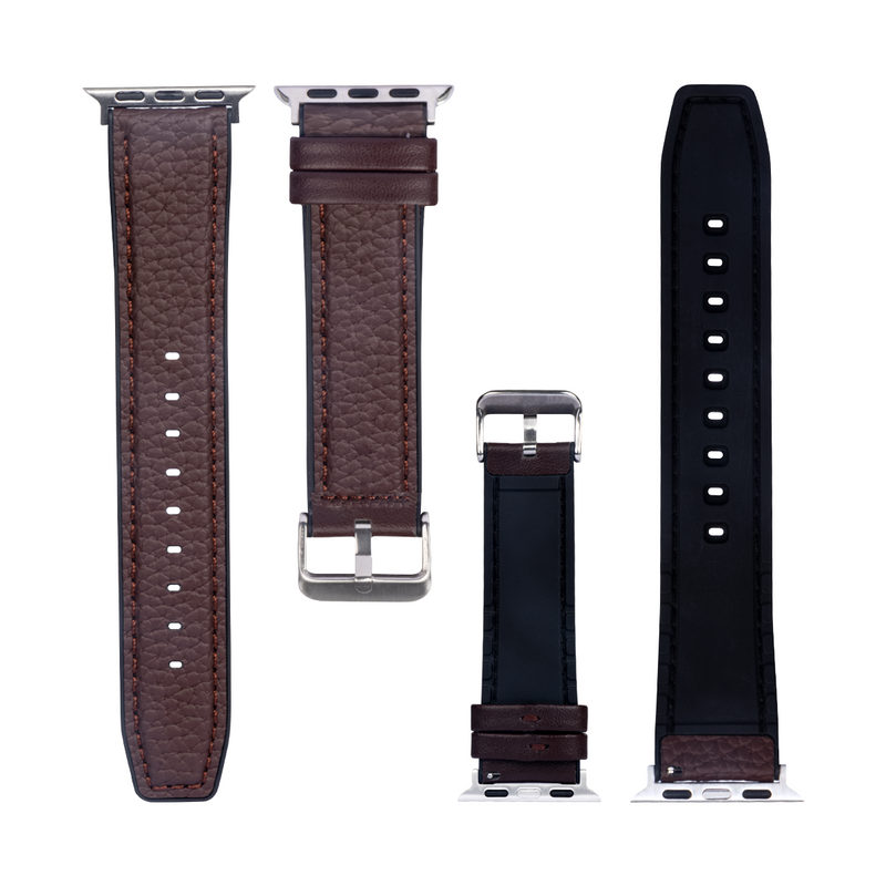 For Apple Watch 42mm, 44mm, 45mm, 49mm Silicone and Leather Band Dark Brown Retail Box