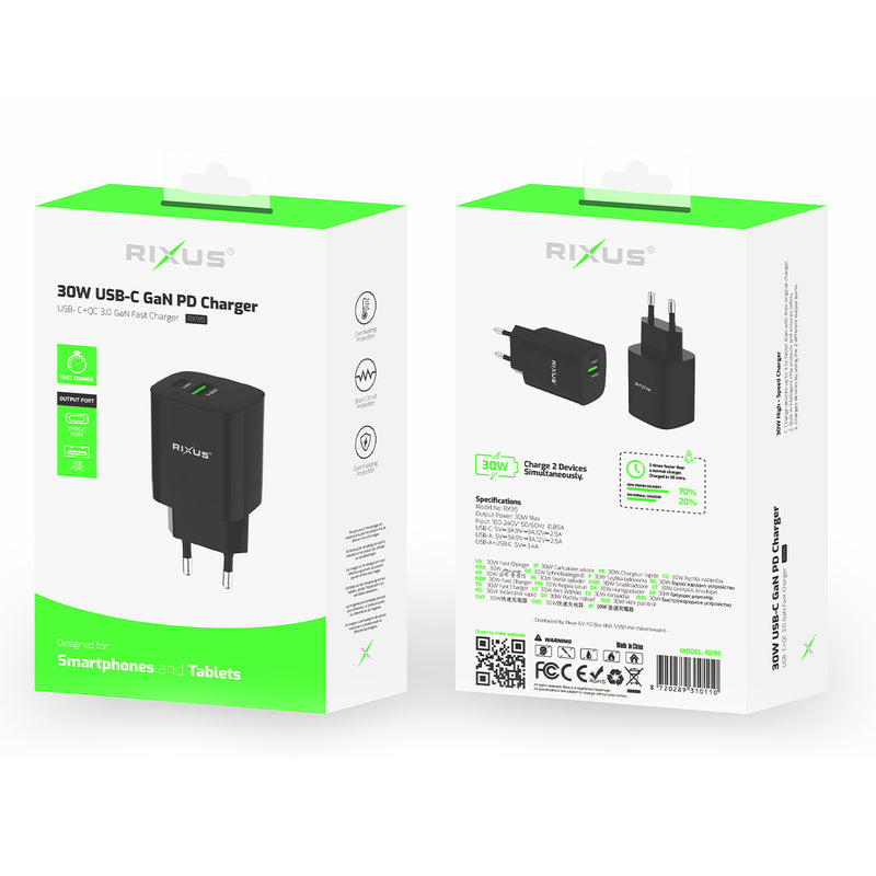 Adaptador de carga rápida Rixus RX95 30W Negro