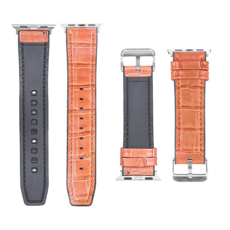 Pour Apple Watch 42mm, 44mm, 45mm, 49mmSilicone & Leather Alligator Grain Light Brown Retail Box