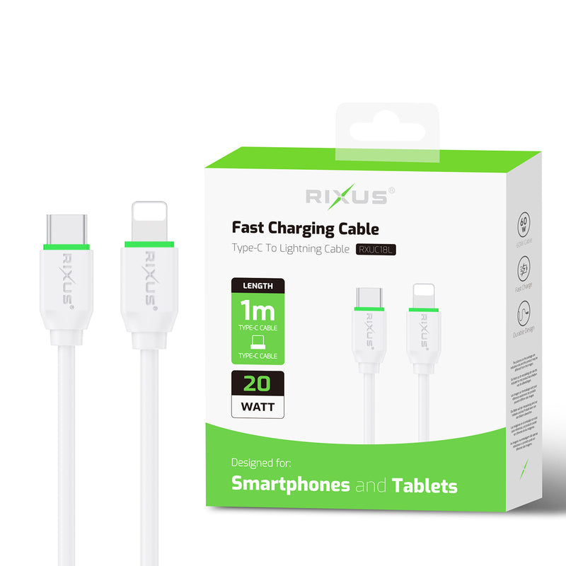 Rixus RXUC18L Fast Charging USB-C To Lightning Cable White