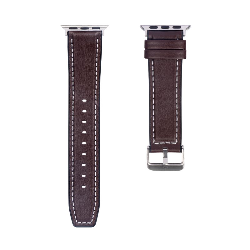 Pour Apple Watch 42mm, 44mm, 45mm, 49mm Bracelet en silicone et cuir Glossy Dark Brown Boîte de vente au détail
