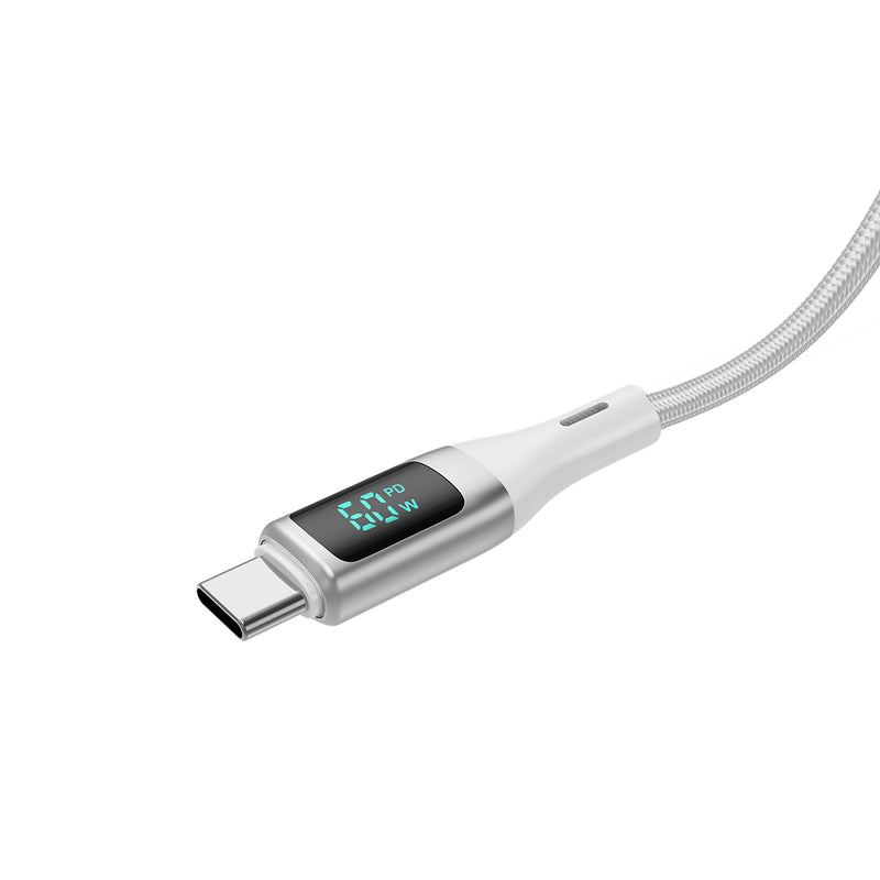 Rixus RXUC29C Braided USB-C To USB-C Cable With LED Display 100CM White