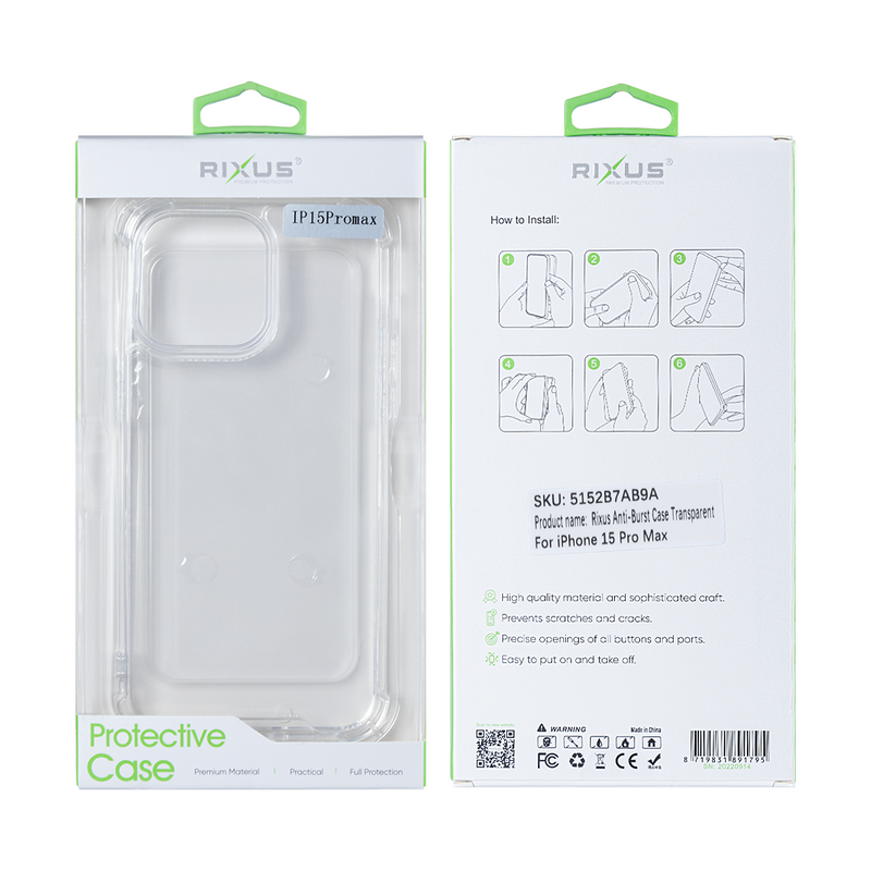 Rixus For iPhone 15 Pro Max Anti-Burst Case Transparent