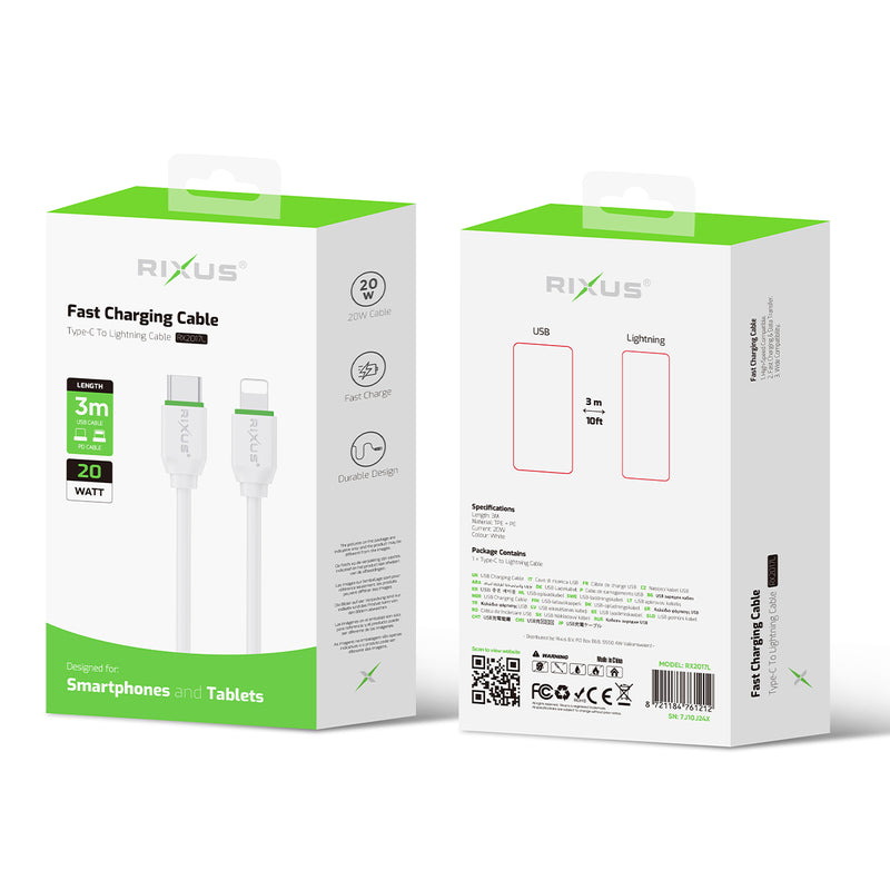 Rixus RX2017L Data Sync And Fast Charge Cable Type-C To Lightning 300cm